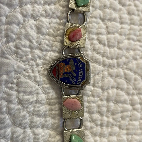 Vintage Las Vegas Bracelet Womens Silver Tone Semiprecious Stones Foldover Clasp - Picture 1 of 7